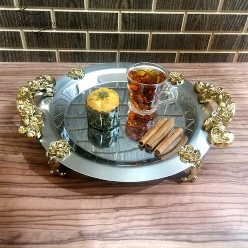 سینی استیل نگار گرد کوچک مدل گلستان نقره ای دسته طلایی کد 417